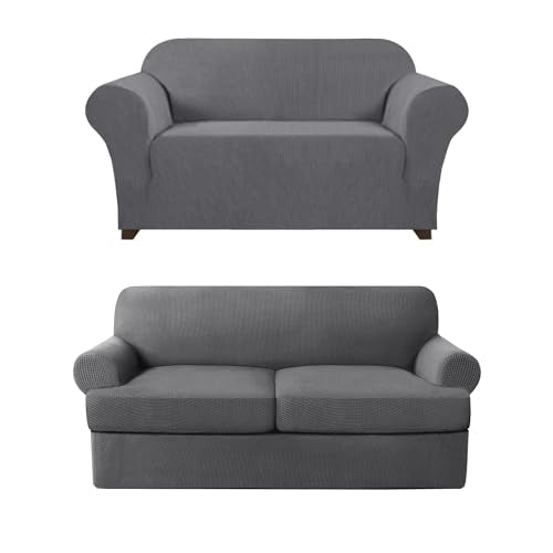 PrinceDeco Stretch Loveseat Sofa Cover Bundle T Cushion Loveseat Slipcover, Gray