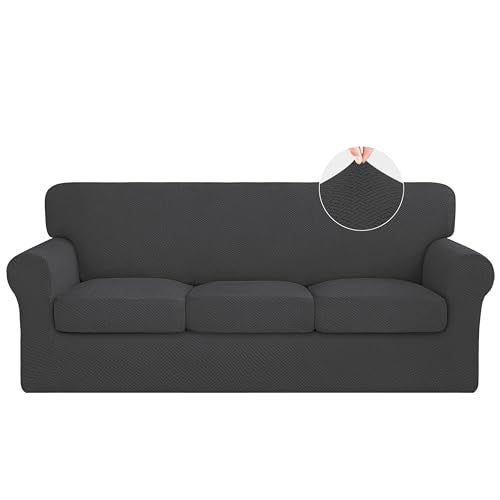 ISSUNTEX 4 Pieces High Stretch Thicken Couch Covers, Soft Sofa Slipcover for 3 Separate Cushion , Jacquard Fabric Elastic Furniture Protector for Dogs (Sofa, Dark Gray)