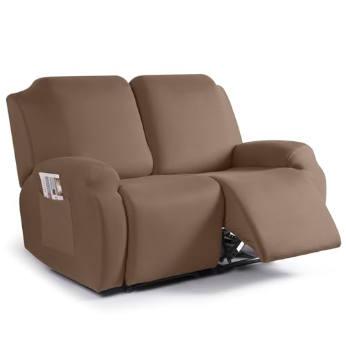 TAOCOCO Loveseat Recliner Cover 2 Pieces Stretch Loveseat Covers for 2 Seat Reclining Sofa, Soft Polyester Fabric Furniture Protector Washable Loveseat Reclining Cover (2 Seat, Light Coffee)