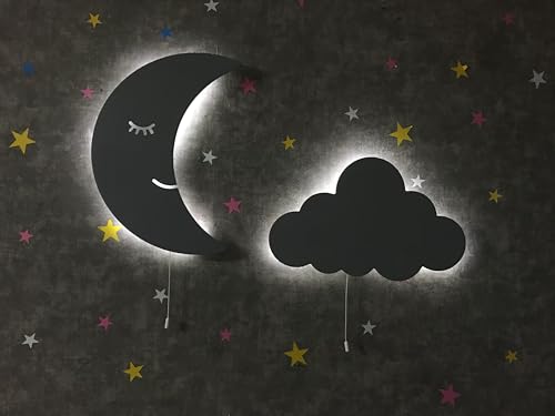 Set of 2 Moon and Cloud Night Light for Kids, Cordless Battery Operated Wall Mount Lamp Decor for Nursery & Toddler Room, Soft LED Baby Nightlight, Hanging Wall Lamps for Boys & Girls Bedroom (White)