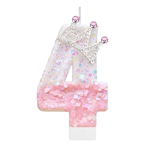 Pink Birthday Number 4 Candle for Cake, Pink Crown Cake Topper Princess Birthday Party Decorations Cupcake Topper Party Favors Decor Supplies