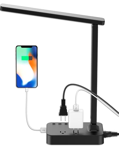 LED Desk Lamp for College Dorm Room, Desk Light with 1 USB Charging Port 2 AC Power Outlet, 3 Lighting Modes, 3 Level Brightness Touch Lamp, Eye-Caring Home Office Foldable Table Lamp