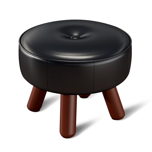 13in Small Round Foot Stool, Faux Leather Footrest, Black Footstool Ottoman