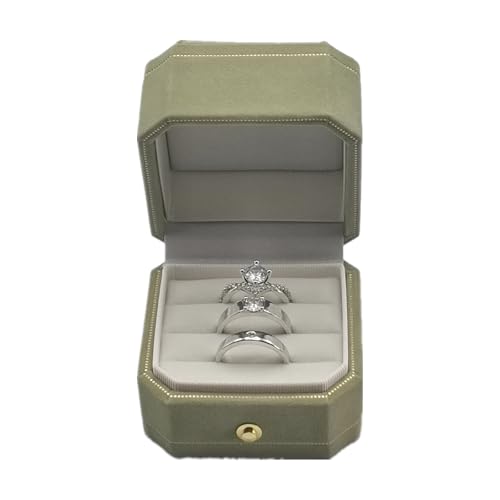 Velvet Ring Box - Octagon Engagement Ring Box with Hinged Lid for Proposal Engagement Wedding, Proposal Ring Case Jewelry Box with Gold Lace PRB003-Green