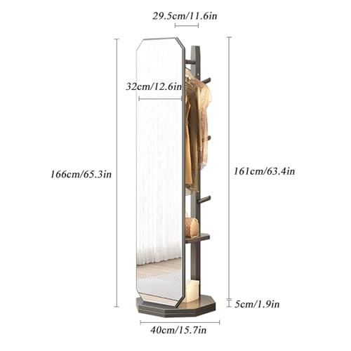 Floor-Standing Solid Wood Rotating Coat Rack，360° Rotating Full Length Mirror with Coat Rack and Hanging Hooks 2 in 1 Freestanding Floor Mirror and Clothes Hanger for Living Room Bedroom and