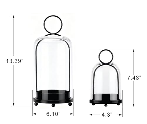 6" & 4" Wide Versatile Modern Metal Hurricane Lantern with Handmade Sturdy Glass Dome in Black for Pillar Candle & Plants, for Living Room, Porch, Mantel Decoration (Black, 4"x7.5" &6.3"x11.2")