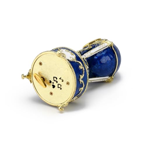 MusicBoxAttic Gold Accented Quartz Clock 18 Note Blue Musical Jeweled Faberge-Style Egg with Rooster-Many Songs to Choose-Candle in The Wind