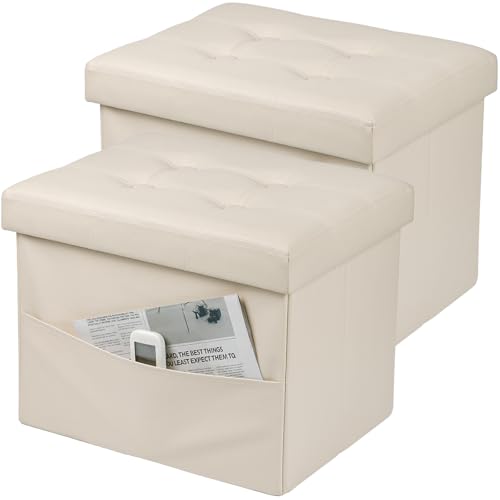 Bsketa Storage Ottoman Bench, 16" Folding Leather Foot Rest, Beige 2 Pack
