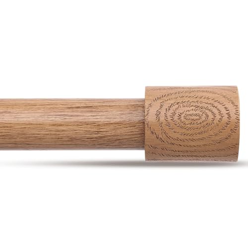Wood Curtain Rods, 1'' Decorative Adjustable Rustic Farmhouse Drapery Rod, Heavy Duty Boho Curtain Pole for Windows 28 to 48 Inch with Imitation Wooden Grain Finials, (Light Wood/Unique Design)