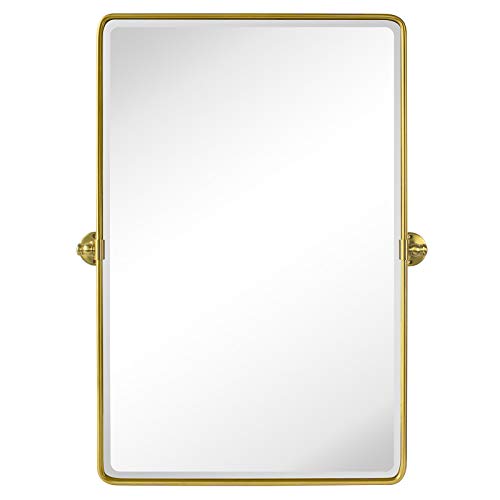 TEHOME Gold Pivot Rectangle Bathroom Vanity Mirrror Farmhouse Tiltable Rounded Metal Framed Pivoting Bathroom Mirror with Beveled Mirrror, Overall 26.91 x 35 inches (Mirrror 23 x 35 inches)