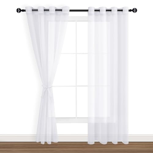 Hiasan White Sheer Curtains 84 Inches Long with Tiebacks, Light Filtering Semi Transparent Lightweight Voile Grommet Window Curtains for Bedroom, Living Room, W52 x L84, Set of 2 Drape Panels
