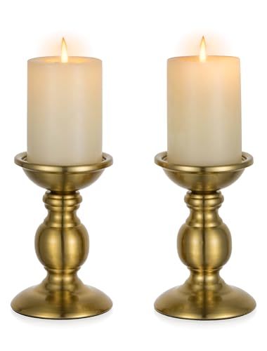 NUPTIO Gold Candle Holder for Table: Brass Pillar Stand for 3" Candles