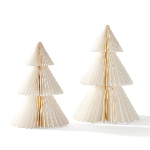 LampLust Paper Tree Decor, 2 Pack Honeycomb Paper Trees, 10 & 12 Inch, White & Gold Glitter Edge, Christmas Table Decor, Holiday Table Centerpieces, Christmas Decorations