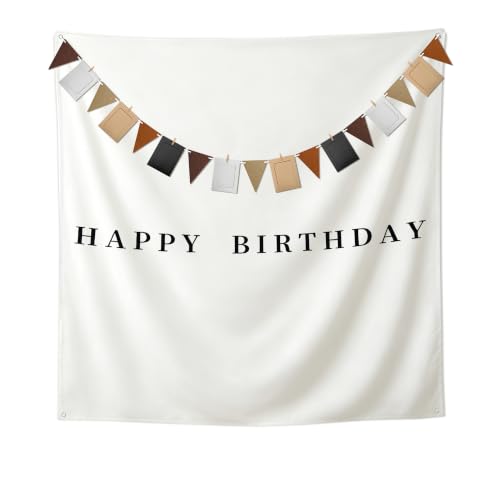 59x59 Inch Happy Birthday Tapestry Boho Minimalist Wall Banner with 10 Photo Frames White Fabric Wall Flag Indoor Outdoor Yard Birthday Party Decor