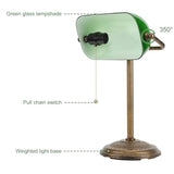 NISSAFORS Bankers Desk Lamp, Green Glass Shade, Vintage Desk Lamp with Pull Chain Switch, Retro Table Lamps for Home Office(Retro Gold+Green, Small)