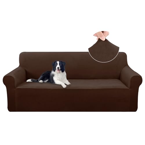 U-NICE HOME Velvet Sofa Cover Stretch Couch Covers for 3 Cushion Furniture Protector Sofa Slipcover (Large, Chocolate)