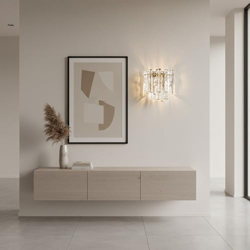 Wall Light, Luxury Crystal Wall Sconce, Gold Metal and Clear Textured Glass Ice Block Lamp, E14 3-Light 3-Color Dimmable LED Fixture for Bedroom Living Room Hallway Dining Room Parlor