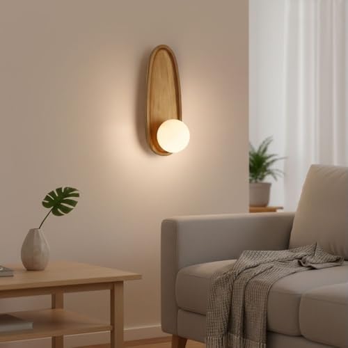 Modern Japanese Solid Wood Wall Sconce, Oval Tray Design, Milk White Glass Globe, Minimalist LED Bedside Lamp, Bedroom Hallway Entryway Reading Nook Foyer Zen Decor Interior Parlor(Brown)