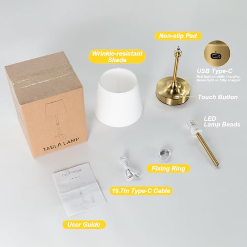 Kakanuo Rechargeable Cordless Table Lamp Gold - 1 Pack Brass 4000mAh Battery Operated Lamp, 3000K Warm Light, Touch Control Stepless Dimming, for Bedside, Dining Table, Home Decor