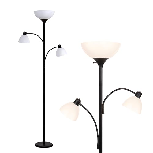 Brightech Sky Dome Double LED Floor Lamp, Torchiere Super Bright Floor Lamp with 2 Reading Lamps for Living Rooms & Offices - Dimmable Tall Standing Lamp for Bedroom Reading - Tall Black Pole