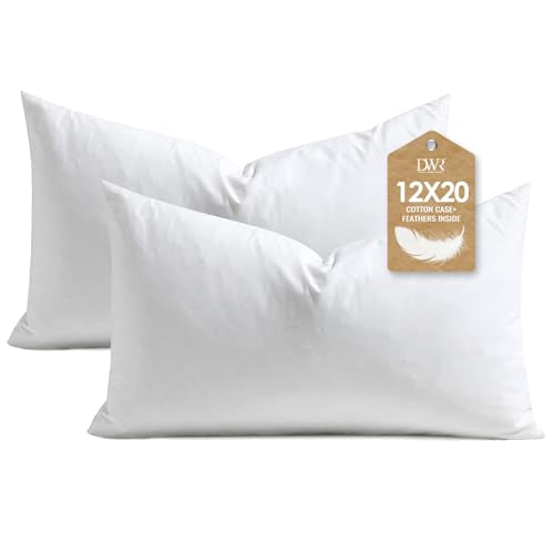 DWR Set of 2 Feather Down Throw Pillow Inserts 12x20 with Organic Cotton Cover, Feather Rectangular White Decorative Pillow Inserts for Bed, Sofa, and Couch