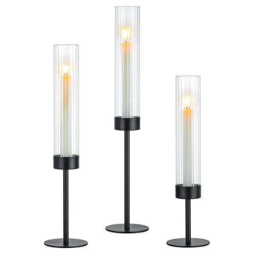 Hewory Black Taper Candle Holders: Candlestick Holders Set of 3 Hurricane Glass Tall Candle Holder for Candlesticks Candle Sticks Holder Decor for Table Centerpiece Wedding Party Christmas Decorations