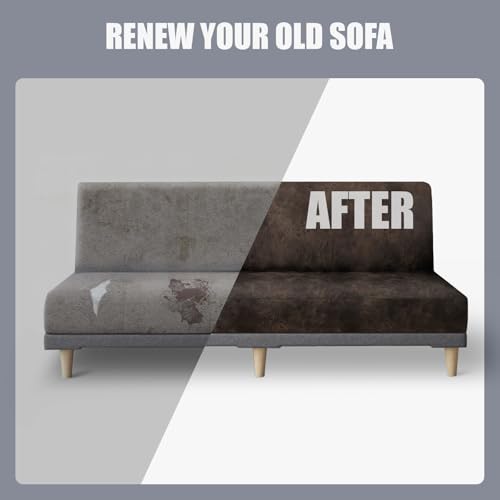 Leather Like Stretch Futon Slipcover Armless Futon Bed Sofa Cover Furniture Protector with Elastic Bottom, Soft and Washable Futon Cover for Sofa Bed Stay in Place（Larger，Dark Brown）