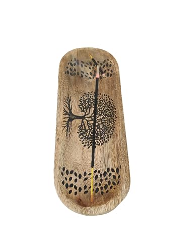 VANIYA CRAFTS® Wooden Handmade Tree of Life Design Boat Shape Incense Holder Stand Insence Tray for Home Decor Restaurant (11X4, Natural Black)