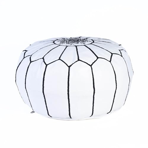 Handmade Moroccan Embroidered Leather Pouf | Delivered Unstuffed | Ottoman, Footstool, Footrest, Hassock, Floor Cushion, Coffee Table, Under Desk (White)