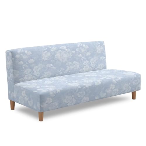 Armless Sofa Cover Stay in Place Futon Cover with Elastic Bottom Stain-Resistant Non-Slip Sofa Bed Slipcover Spandex Elastic Furniture Protector, Light Blue Floral Pattern