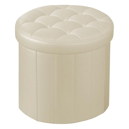 Bsketa Round Storage Ottoman, 14" Folding Leather Foot Rest Stool, Beige