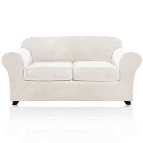 PrinceDeco Velvet Couch Cover Loveseat Covers for 2 Cushion Couch 3 Piece Sofa Covers for Dogs Washable Loveseat Covers Width Up to 72 Inch No Slip Stretch Sofa Slipcover(Medium, Porcelain)
