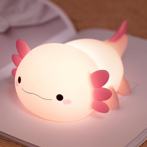 Axolotl Lamp Kid Cute Night Light, Rechargeable Squishy Axolotl Gifts for Girls, Baby Touch Nightlight, Dimmable Silicone LED Animal Toys, Bedside Pink Lamp, College Nursery Kawaii Décor