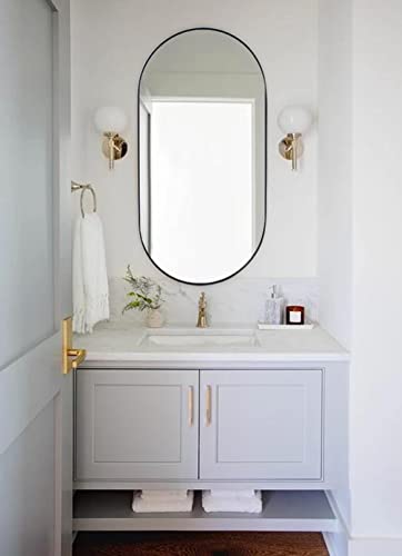 TEHOME Brushed Gold Oval Bathroom Mirror 20x40'' Pill Shaped Oblong Vanity Mirror Metal Framed Capsule Mirror for Wall in Stainless Steel Rounded Mirrors for Wall Mounted