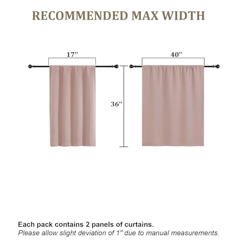 Lecloud Blush Pink Kitchen Curtains 36 Inch Length 2 Panels, Soft Privacy Window Short Curtains, Thermal Insulated Rod Pocket Curtain Tiers for Bedroom Bathroom Small Windows, 40" W x 36" L