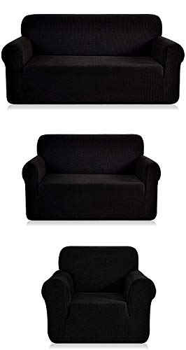 Fancy Linen 3pc Slipcover Set Furniture Cover -Spandex- Set Includes Sofa and Love-Seat and Chair Solid Black New