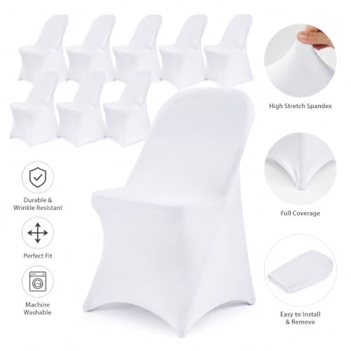 10 Pack White Spandex Folding Chair Covers, Stretch Polyester Slipcovers for Wedding, Party & Dining Chairs – Flat Front Design, Universal Fit