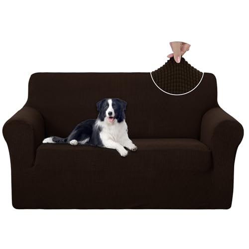 U-NICE HOME Loveseat Cover Stretch Couch Cover Sofa Slipcover, Chocolate | Furniture protector, 2 Cushion Sofa, 1-Piece Sofa cover, Washable, Pet friendly, Polyester Spandex Jacquard fabric