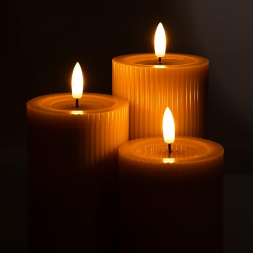 Fluted Ribbed LED Pillar Candles, Blush Beige, with Realistic Reflective Melted-Wax Effect – Flickering Flame, Remote, Dimmable, Flameless, Battery Operated, Home & Wedding Decor (Set of 3)