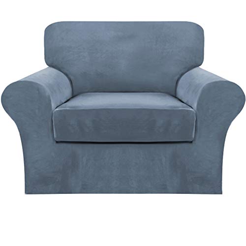 FantasDecor 2 Piece Chair Sofa Covers Velvet for Living Room Slipcovers with Individual Cushion Elastic Furniture Protector for Pets, Machine Washable (Armchair, Stone Blue)