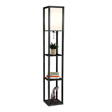 Brightech Maxwell - Modern Shelf Floor Lamp with Lamp Shade & Warm White LED Bulb, Corner Display Floor Lamp with Shelves for Living Room, Bedroom, Nightstand Office, Home Decor Storage - Black