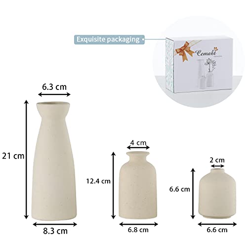 CEMABT Beige Ceramic vase Set-3 Small Flower vases for Decor,Modern Boho Farmhouse Home Decor,Decorative vase for Pampas Grass&Dried Flowers,idea Shelf,Table,Bookshelf ，Entryway- Distressed