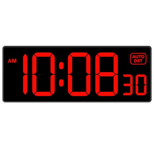 Soobest LED Digital Wall Clock, Large Digital Clock Bold Numbers with Seconds for Seniors Visually Impaired，Plug Electric Clock Dimmable Auto DST Large Display 10 Inches (Red)