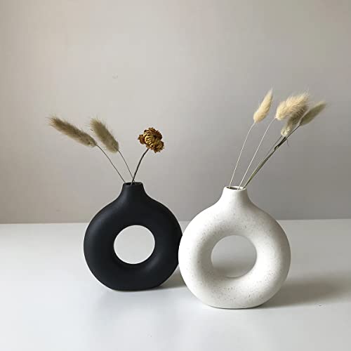White Ceramic Vases for Pampas Grass,Water Drop Design Doughnut vase Modern Home Decor Minimalist Nordic Boho Ins Style (White Mini)