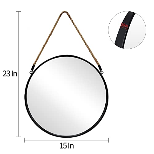 POZINO Round Hanging Mirror with Rope, 15" Circle Wall Mirror with Black Metal Frame, Farmhouse Decorative Mirror for Entryway, Living Room, Fireplace, Bedroom, Bathroom