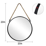 POZINO Round Hanging Mirror with Rope, 15" Circle Wall Mirror with Black Metal Frame, Farmhouse Decorative Mirror for Entryway, Living Room, Fireplace, Bedroom, Bathroom