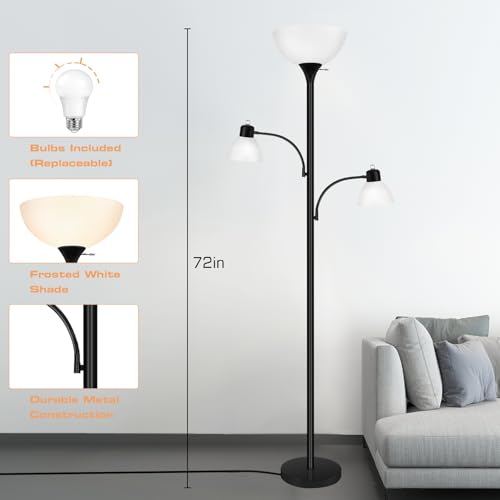 Floor Lamps for Living Room, 72" Tall Torchiere Floor Lamp with 8W Adjustable Reading Lights, Industrial Lamps for Living Room, Bedroom, Office, Black Tree Floor Lamp【3 Bulbs Included】