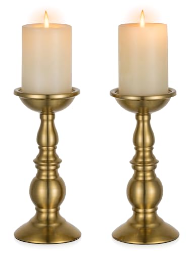 NUPTIO Pillar Candle Holder Brass: Gold Tall Candles Stand for 3" Pillars
