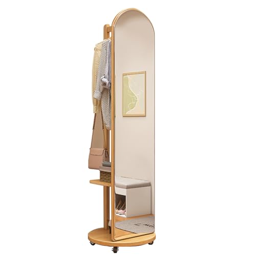 Floor-Standing Solid Wood Rotating Coat Rack，Full Length Mirror with Clothes Rack, Solid Wood Frame, Floor Standing, Tall Mirror with Wheels for Living Room, Bedroom, Hallway
