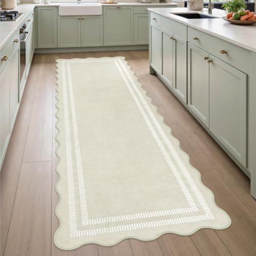 Washable Runner Rug 2.6x8 Kitchen Hallway Scalloped Rugs, Non Skid Stain-Resistant Indoor Rug Soft Entryway Carpet Runner for Bathroom Laundry Room
